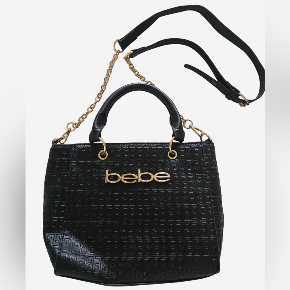 Bebe Black Embossed Logo | Satchel Crossbody Bag |Gold Hardware | Top Handle